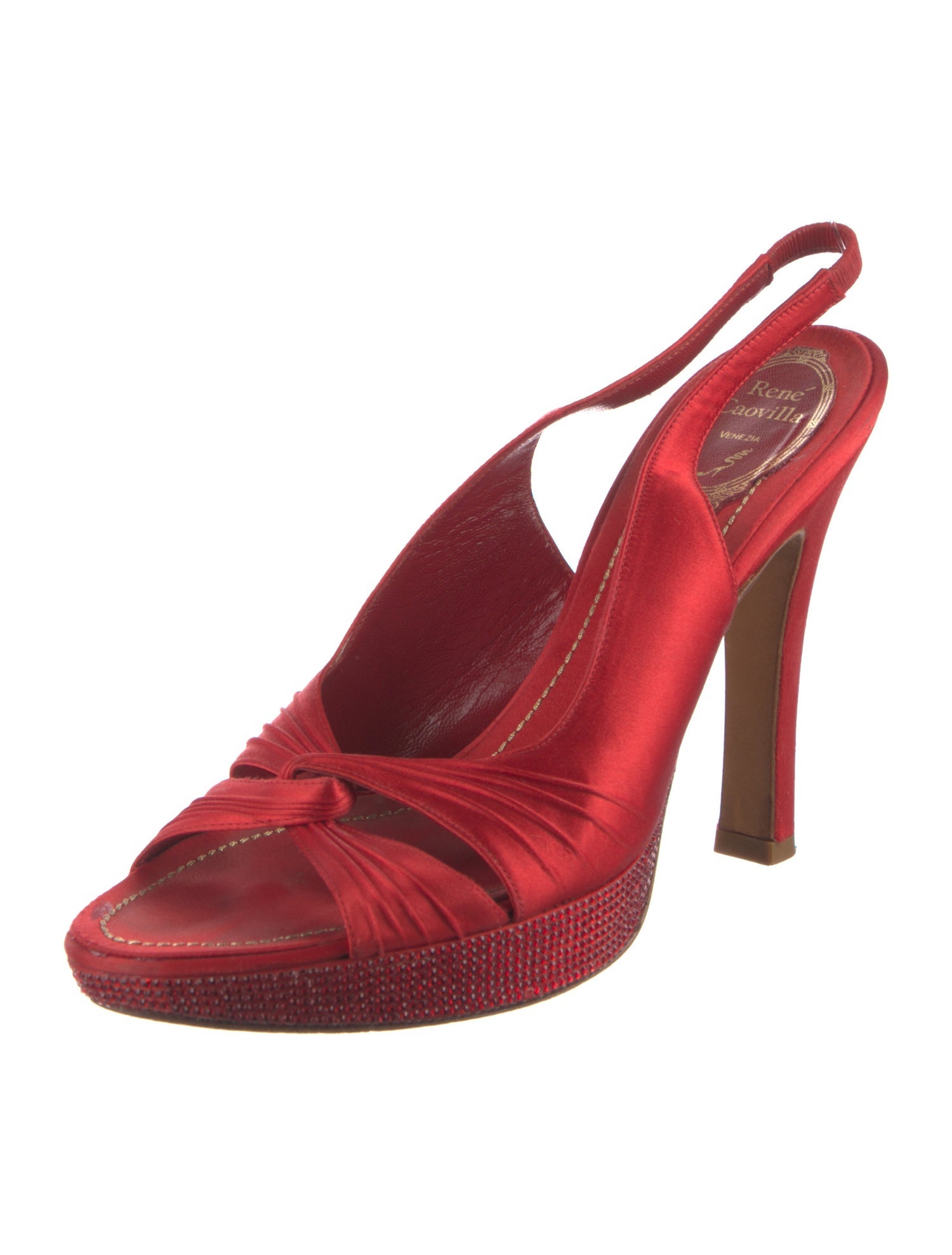 René Caovilla Satin Crystal Embellishments Slingback Sandals