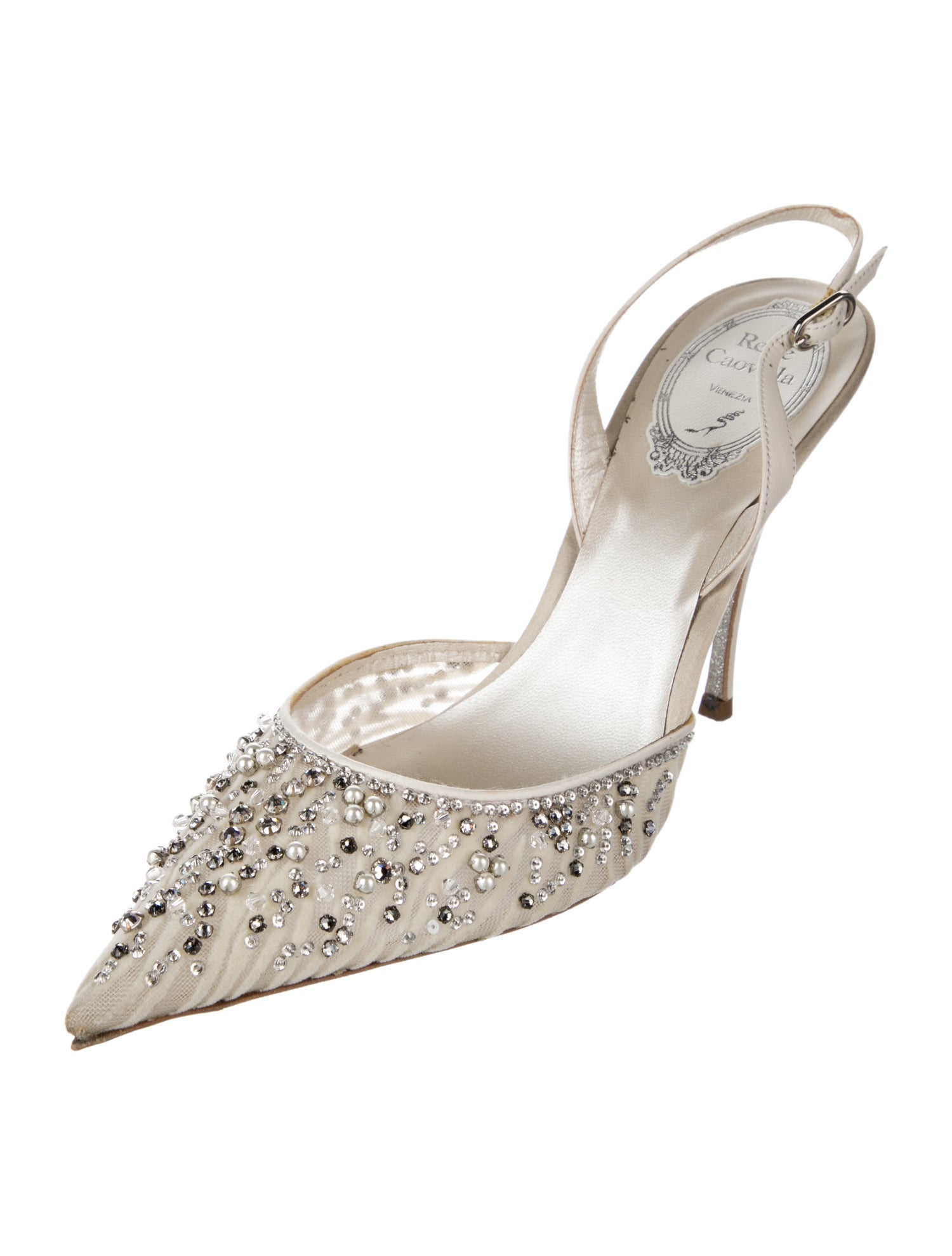 René Caovilla Mesh Crystal Embellishments Slingback Pumps