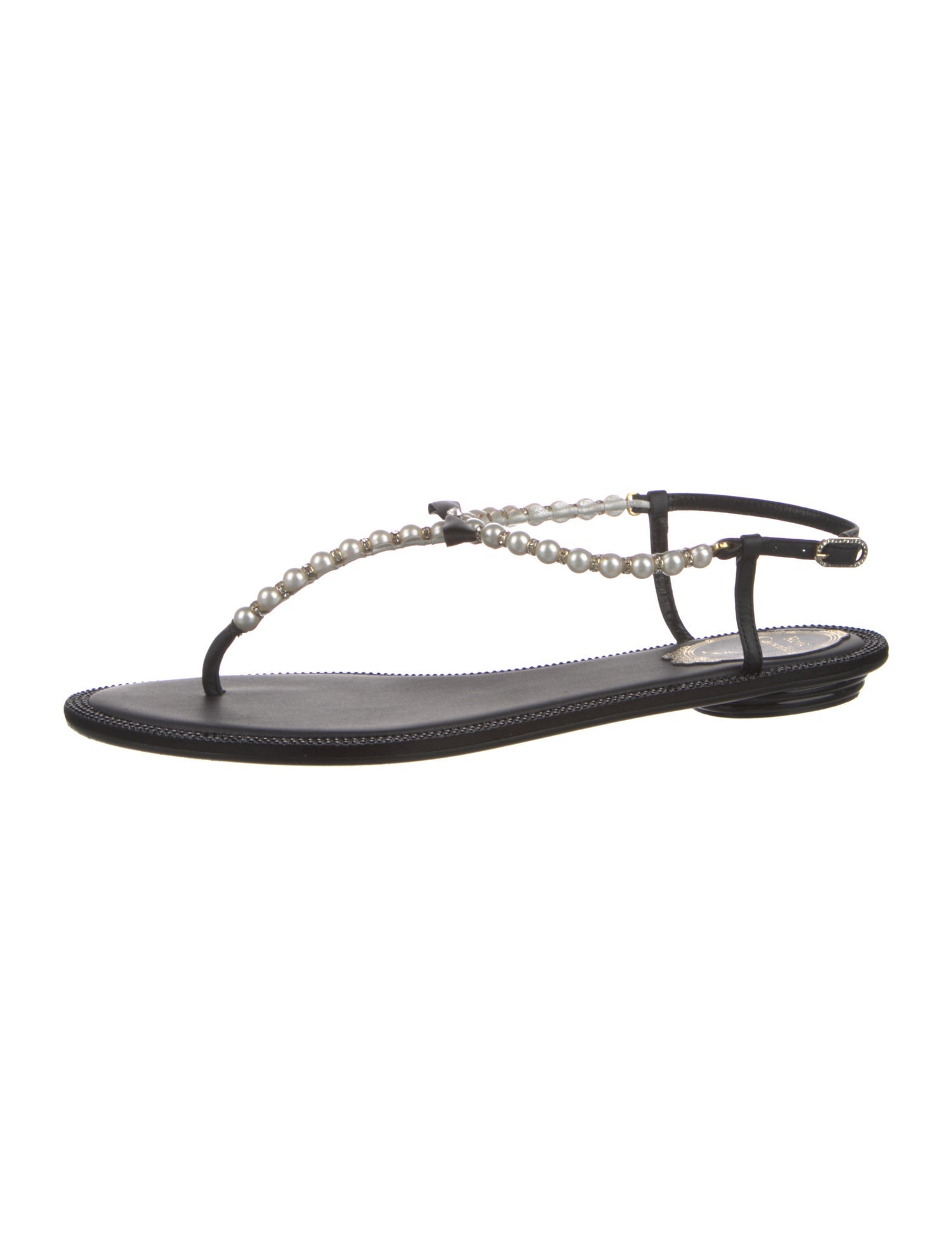 René Caovilla Faux Pearl Accents Leather T-Strap Sandals