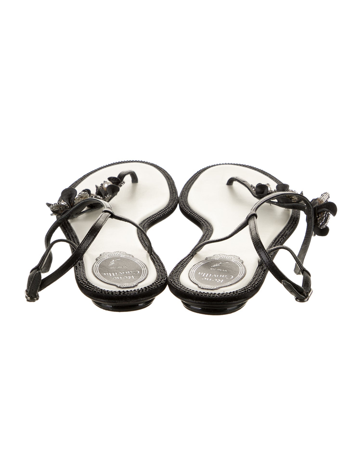 René Caovilla Leather Crystal Embellishments T-Strap Sandals
