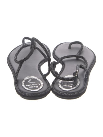 René Caovilla Leather Glitter Accents T-Strap Sandals