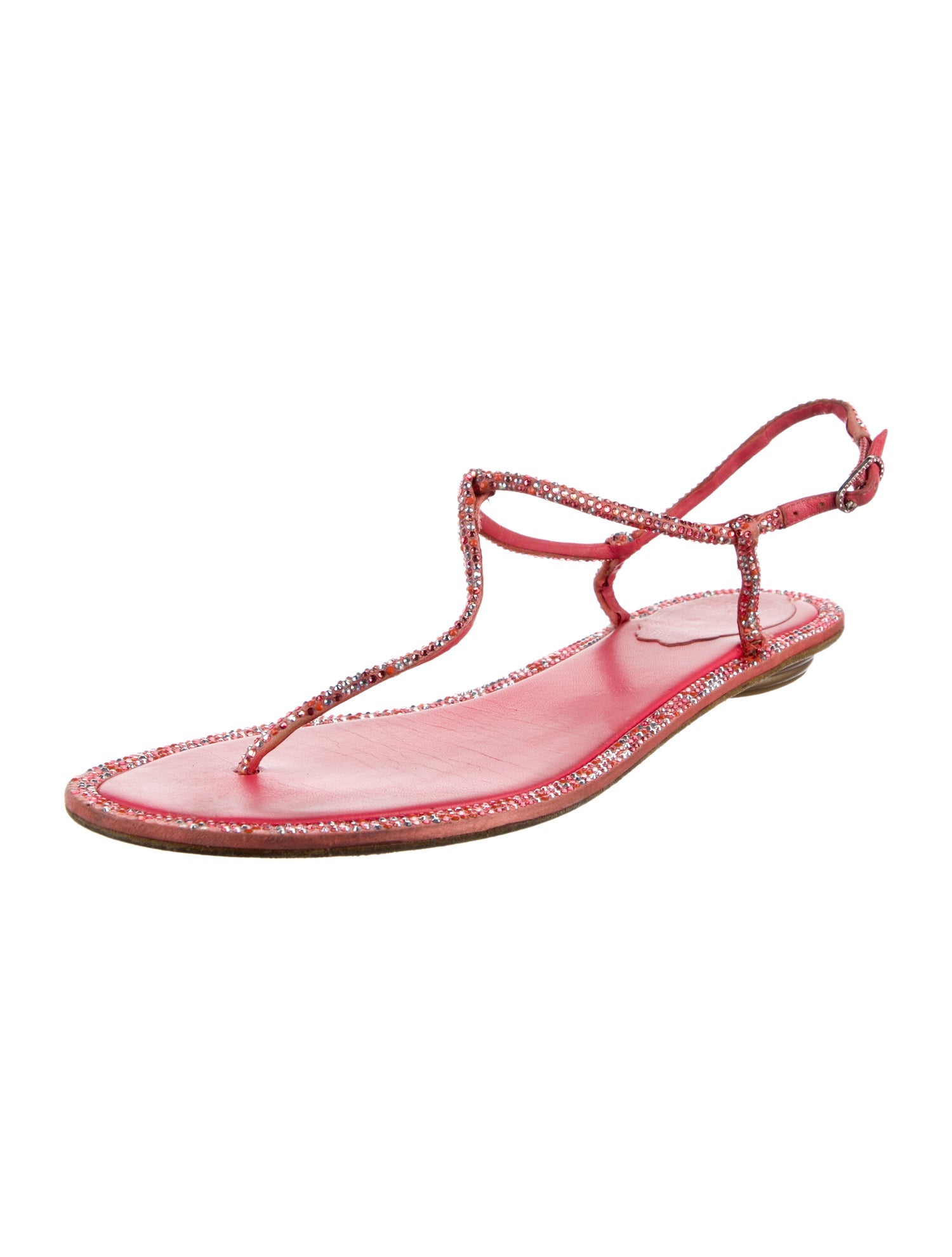 René Caovilla Leather Crystal Embellishments T-Strap Sandals