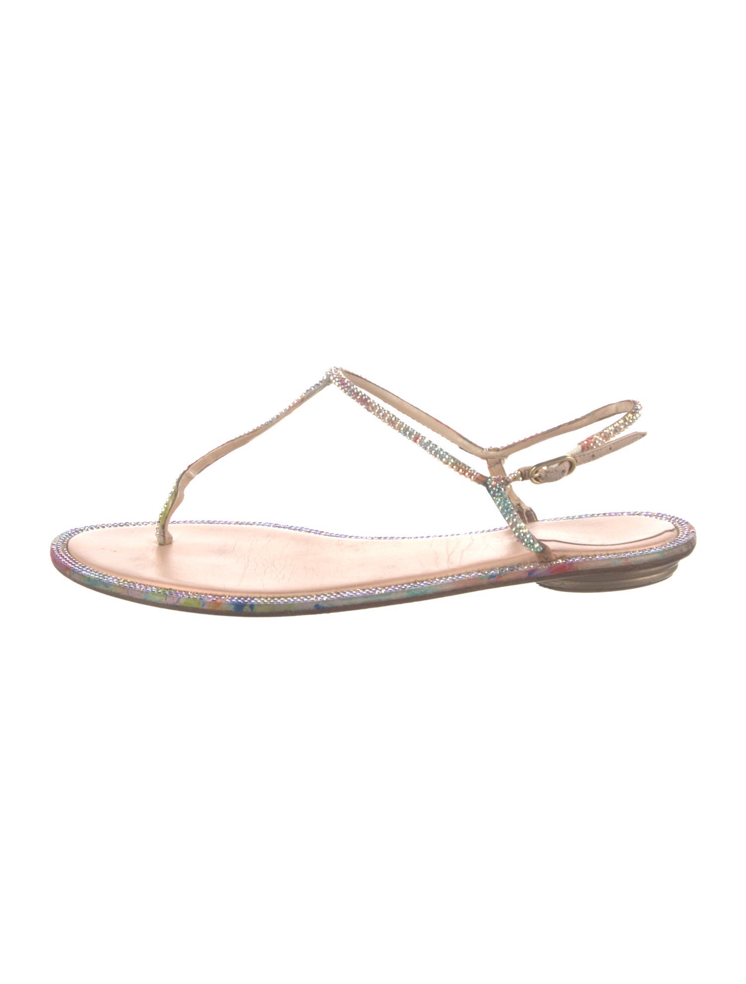 René Caovilla Leather Crystal Embellishments T-Strap Sandals