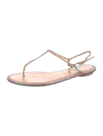 René Caovilla Leather Crystal Embellishments T-Strap Sandals