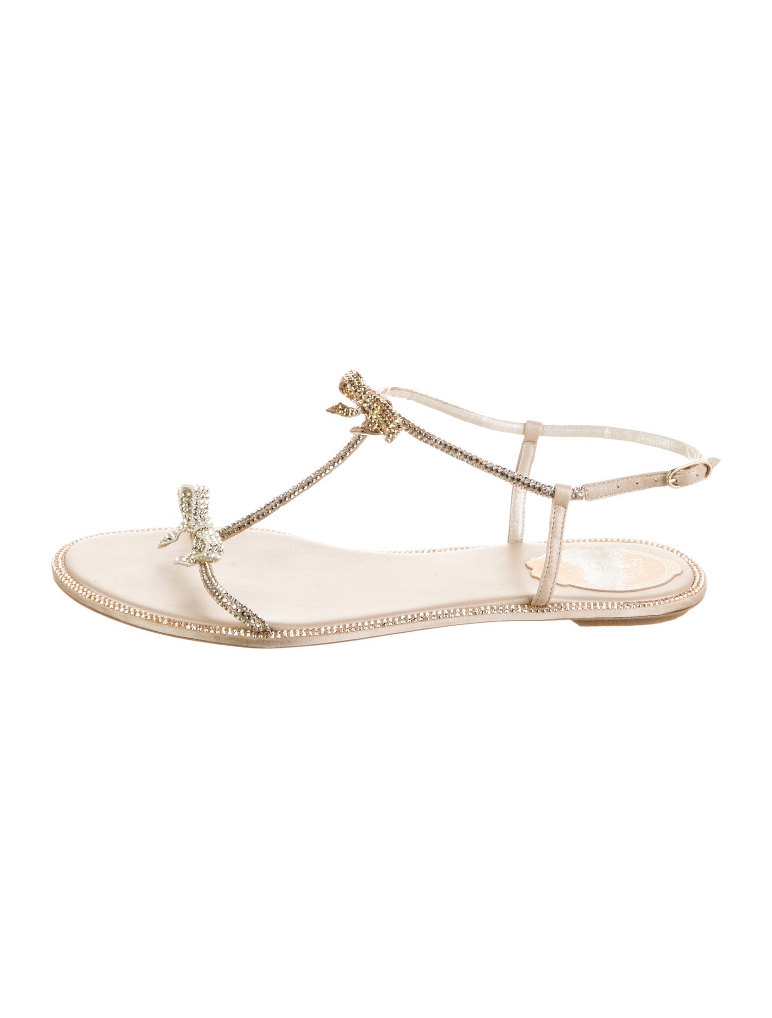 René Caovilla Leather Crystal Embellishments T-Strap Sandals