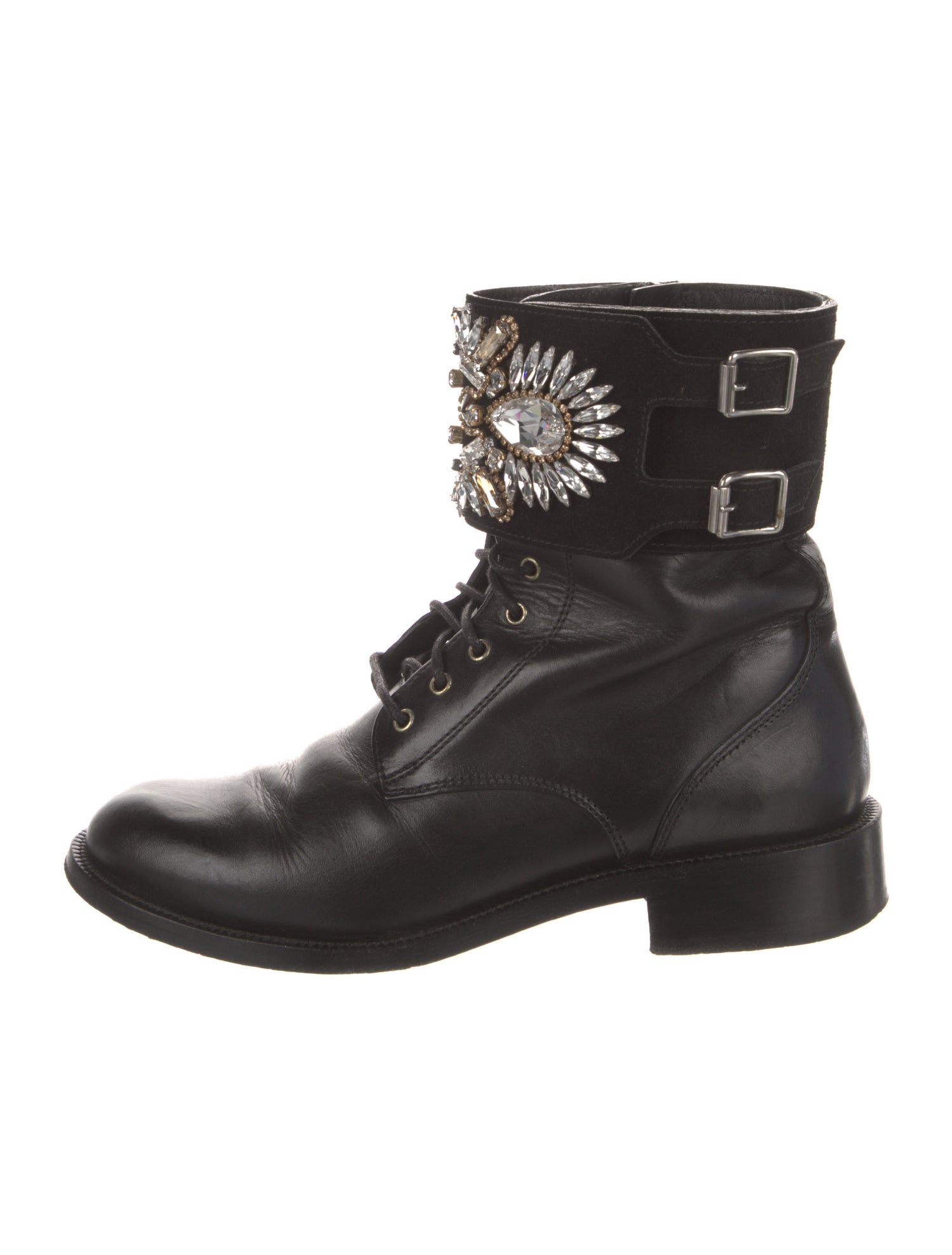 René Caovilla Leather Crystal Embellishments Combat Boots