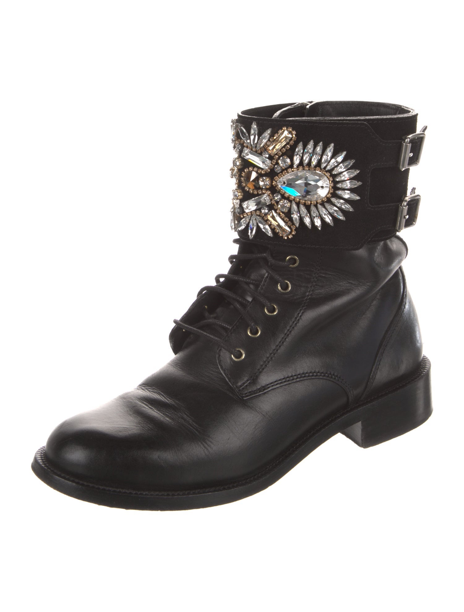 René Caovilla Leather Crystal Embellishments Combat Boots
