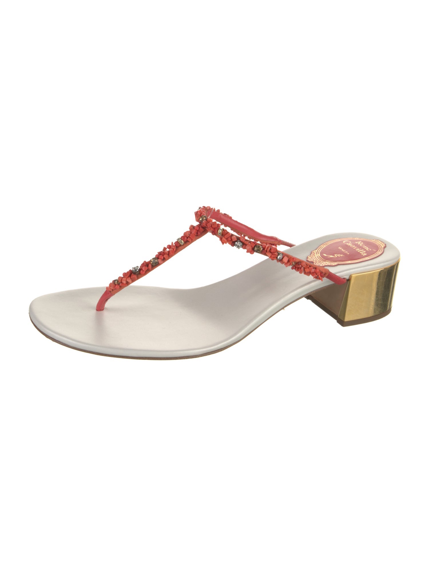 René Caovilla Leather Crystal Embellishments T-Strap Sandals