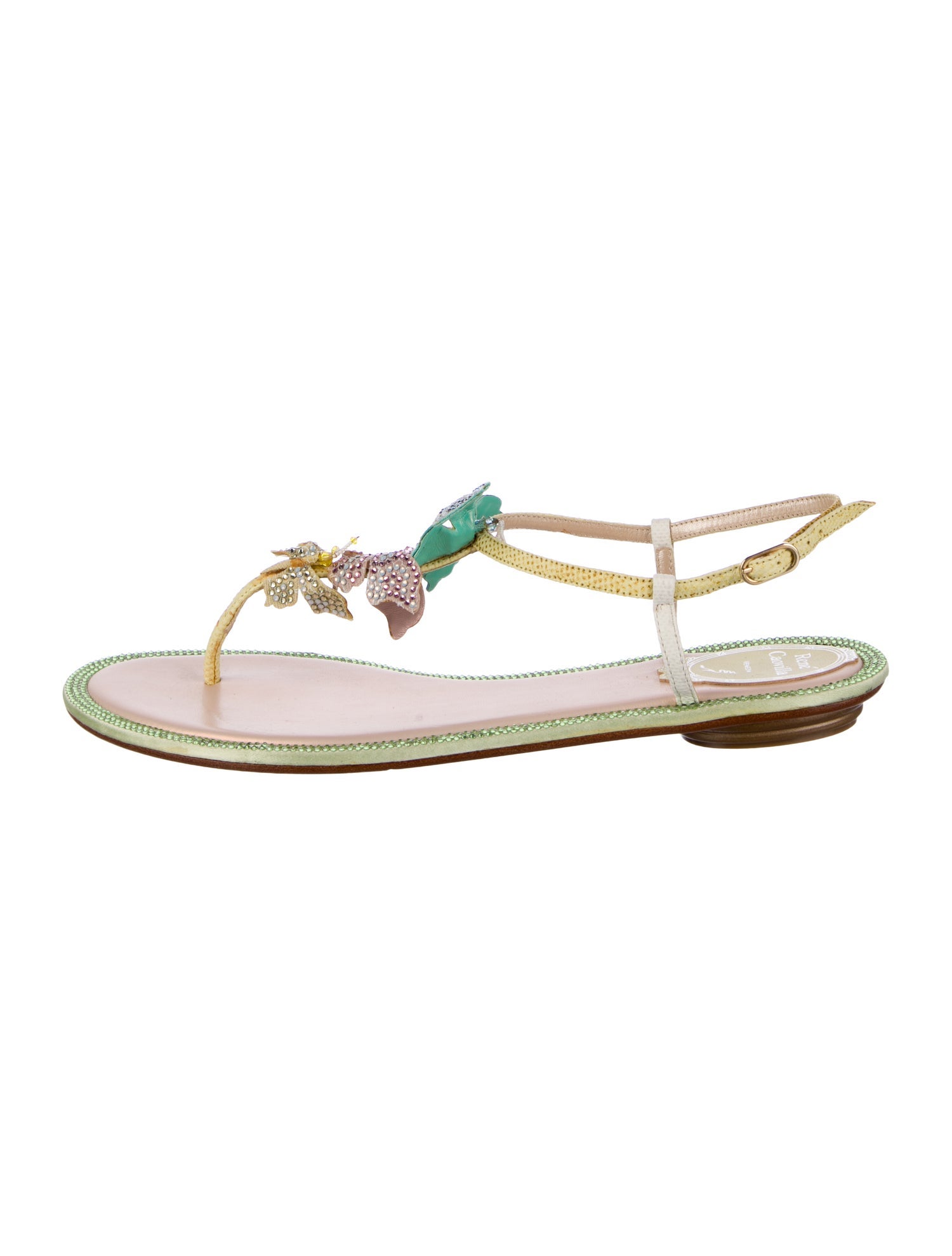 René Caovilla Leather Crystal Embellishments T-Strap Sandals