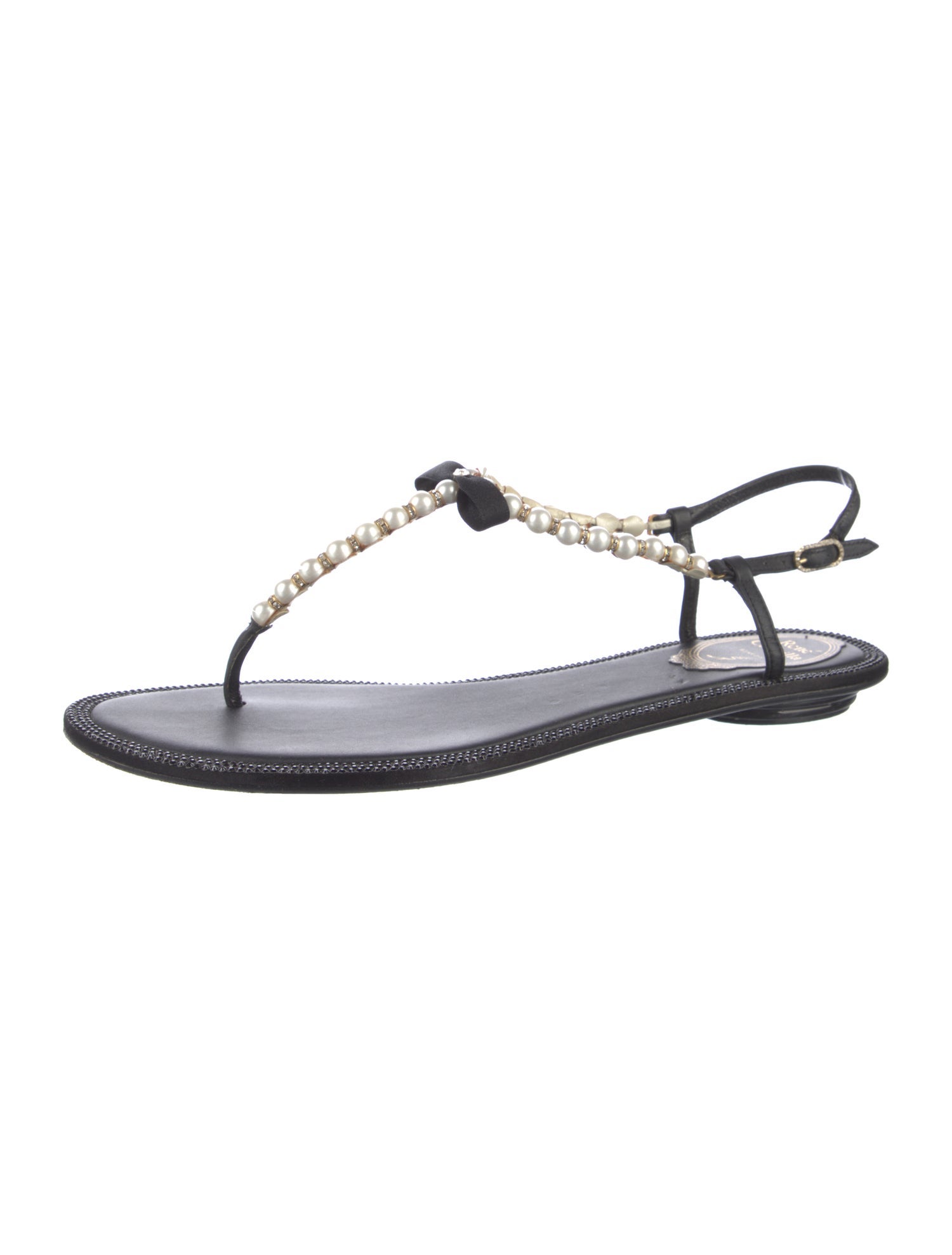 René Caovilla Leather Crystal Embellishments T-Strap Sandals