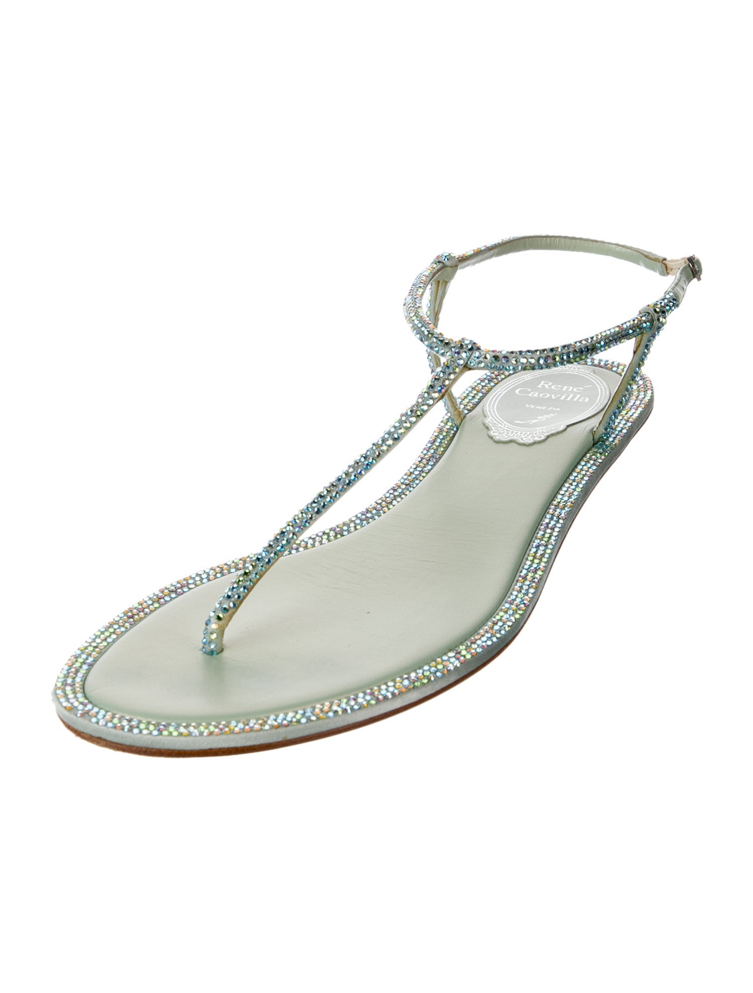 René Caovilla Leather Crystal Embellishments T-Strap Sandals