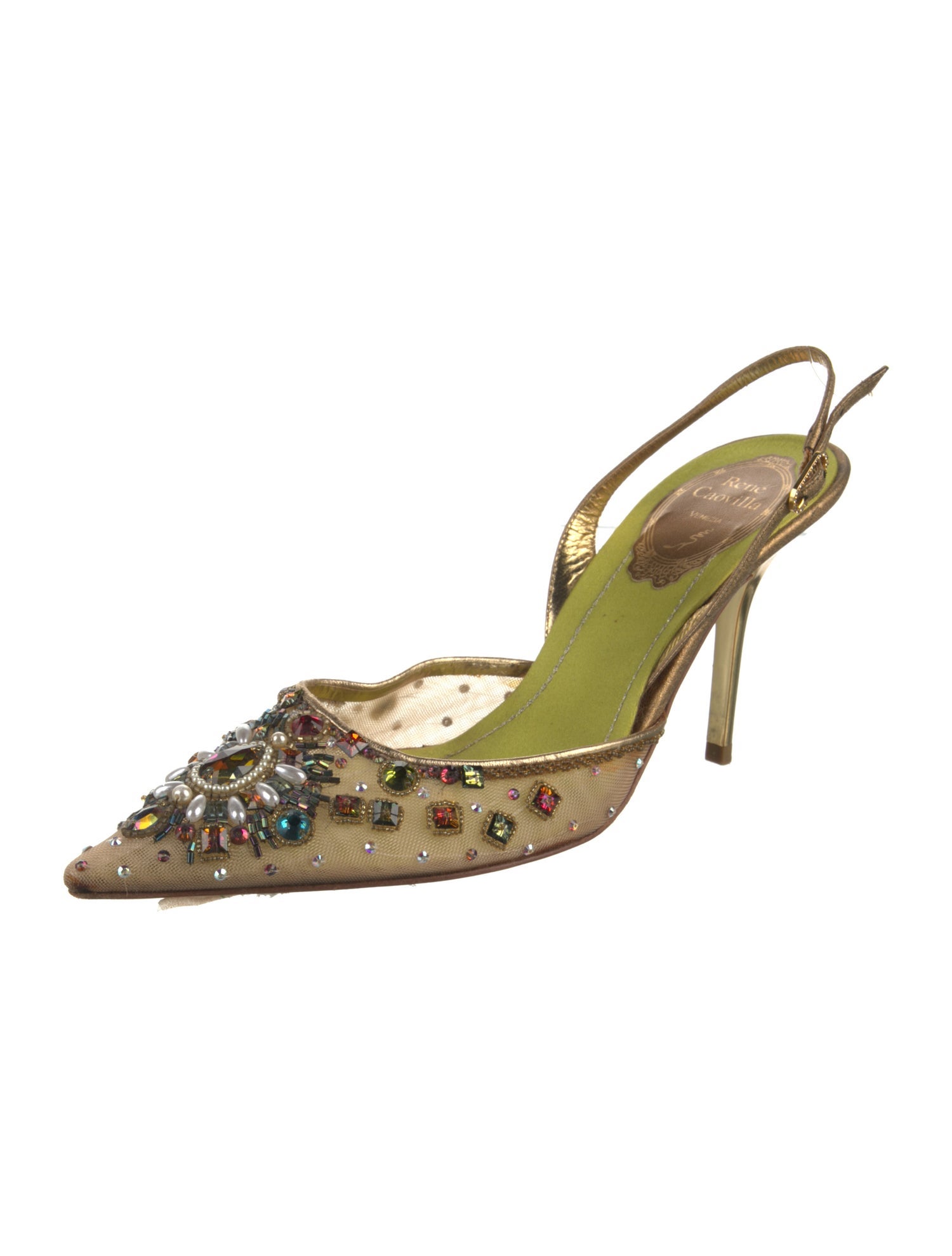 René Caovilla Mesh Crystal Embellishments Slingback Pumps