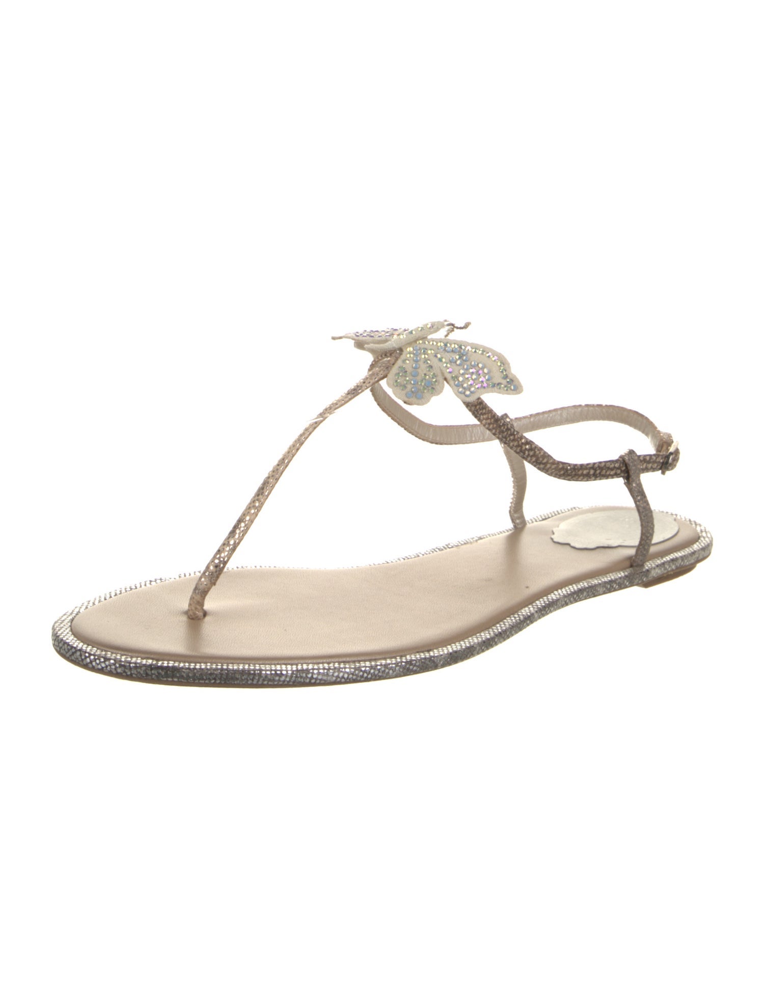 René Caovilla Leather Crystal Embellishments T-Strap Sandals