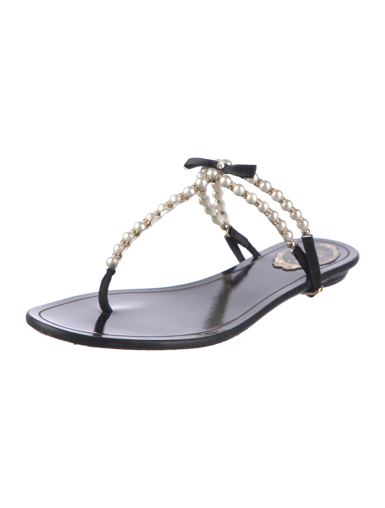 René Caovilla Leather Crystal Embellishments T-Strap Sandals
