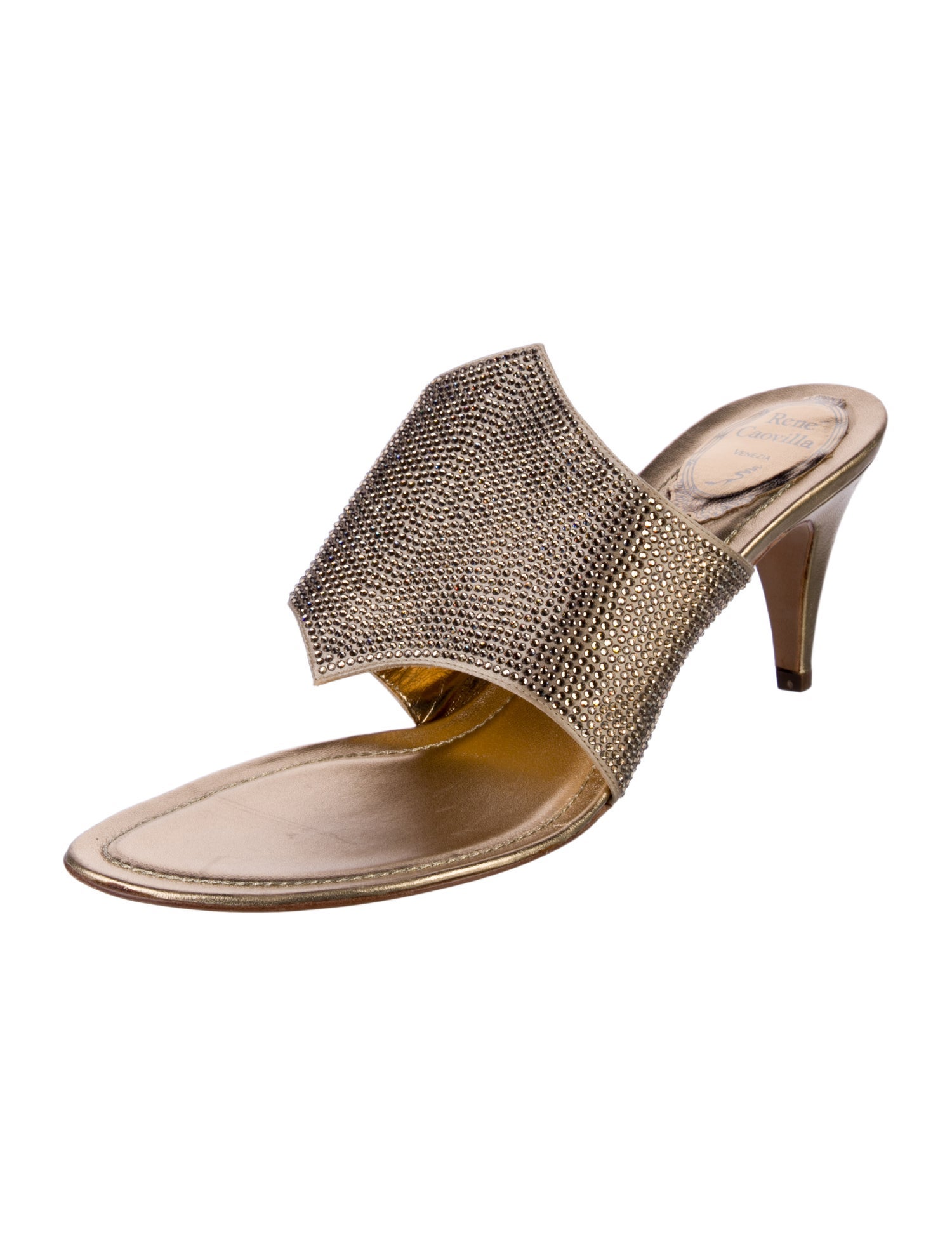 René Caovilla Leather Crystal Embellishments Slides