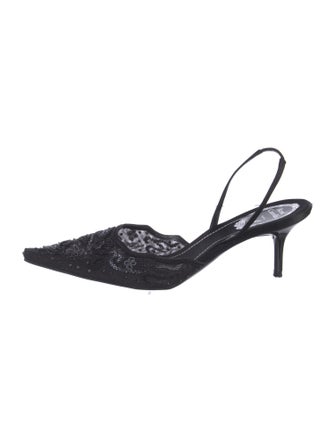 René Caovilla Mesh Lace Pattern Slingback Pumps