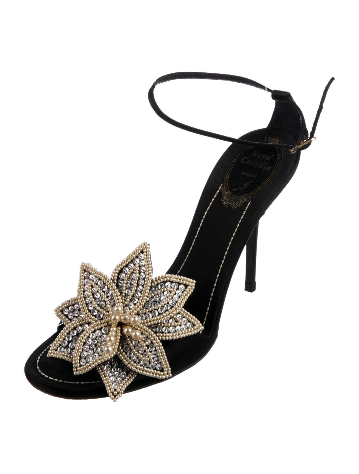 René Caovilla Satin Crystal Embellishments Slingback Sandals