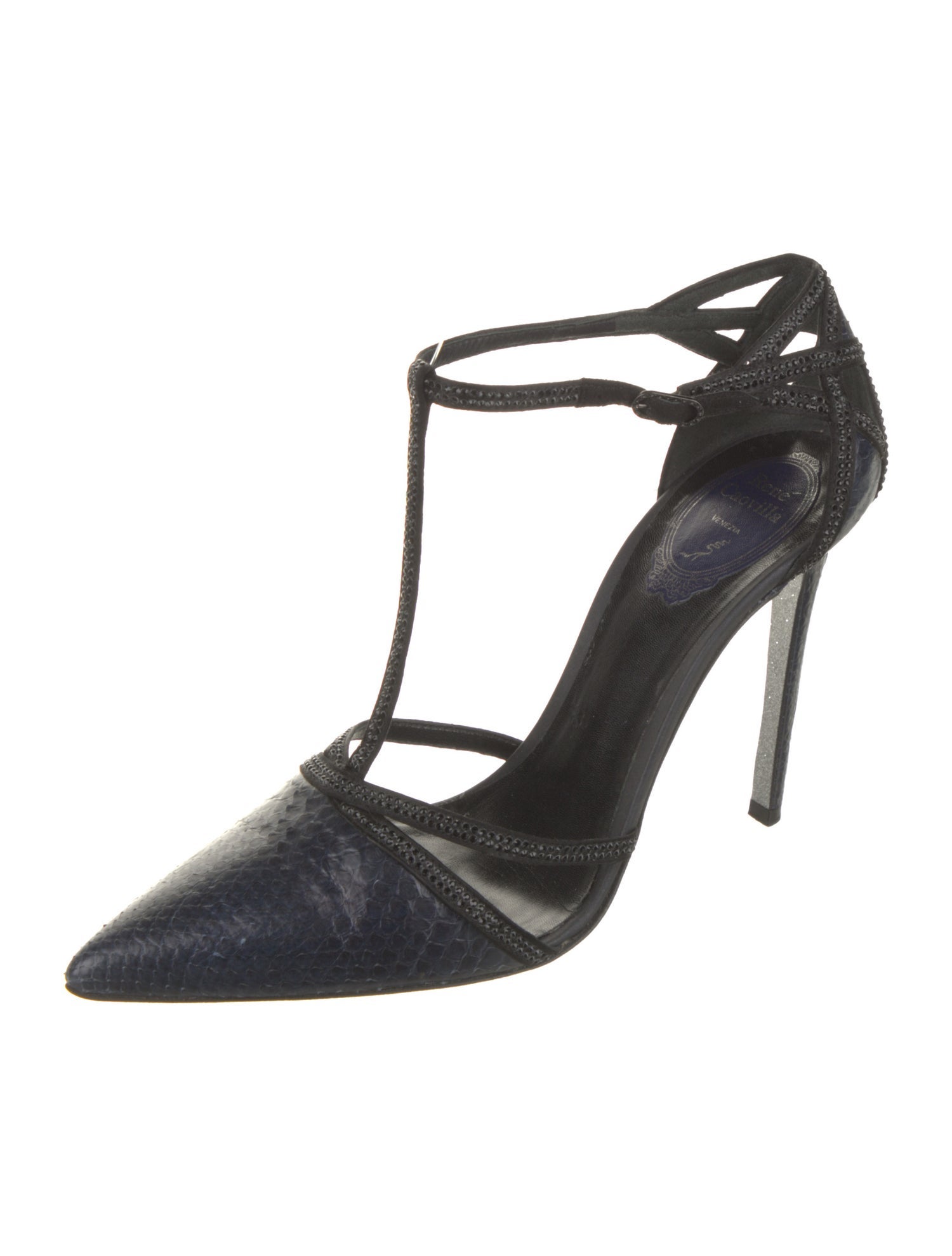 René Caovilla Leather Crystal Embellishments T-Strap Pumps