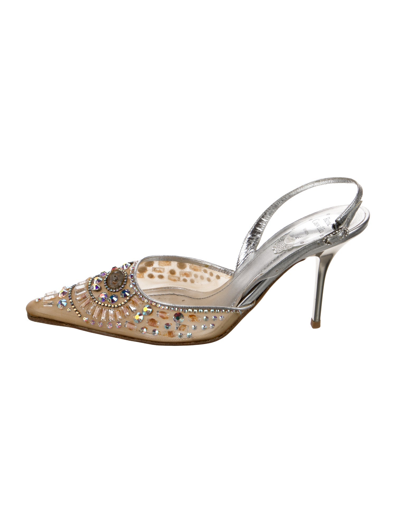 René Caovilla Leather Crystal Embellishments Slingback Pumps
