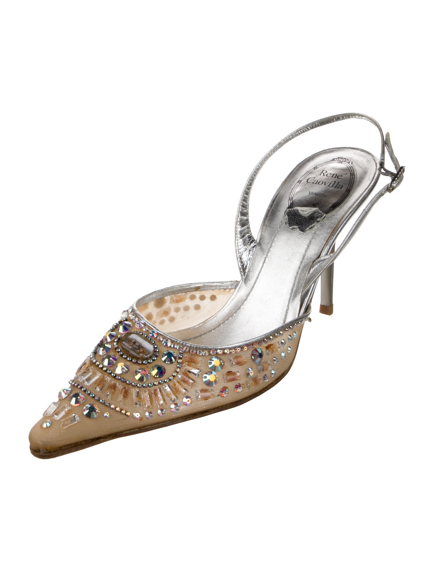 René Caovilla Leather Crystal Embellishments Slingback Pumps