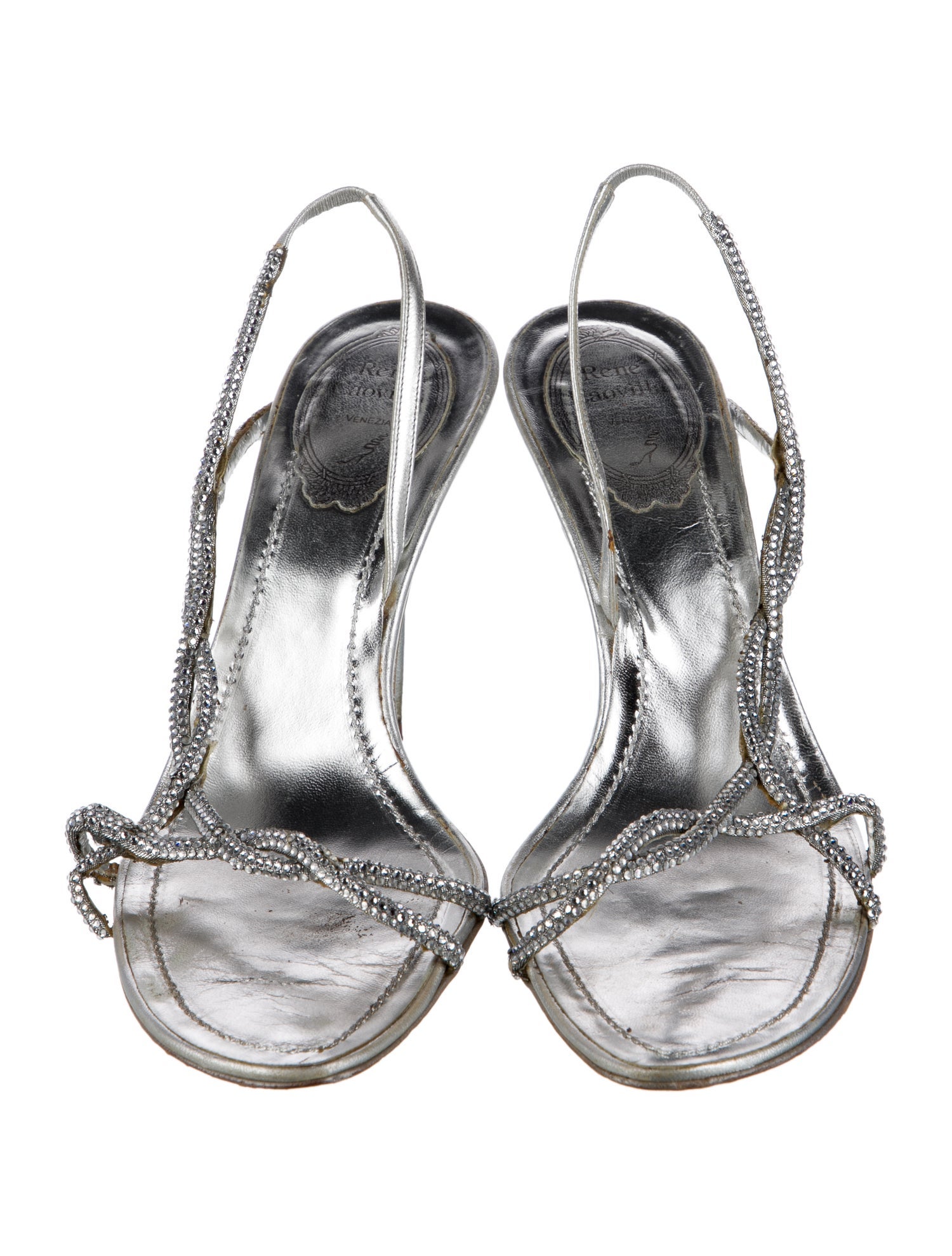 René Caovilla Leather Crystal Embellishments Slingback Sandals
