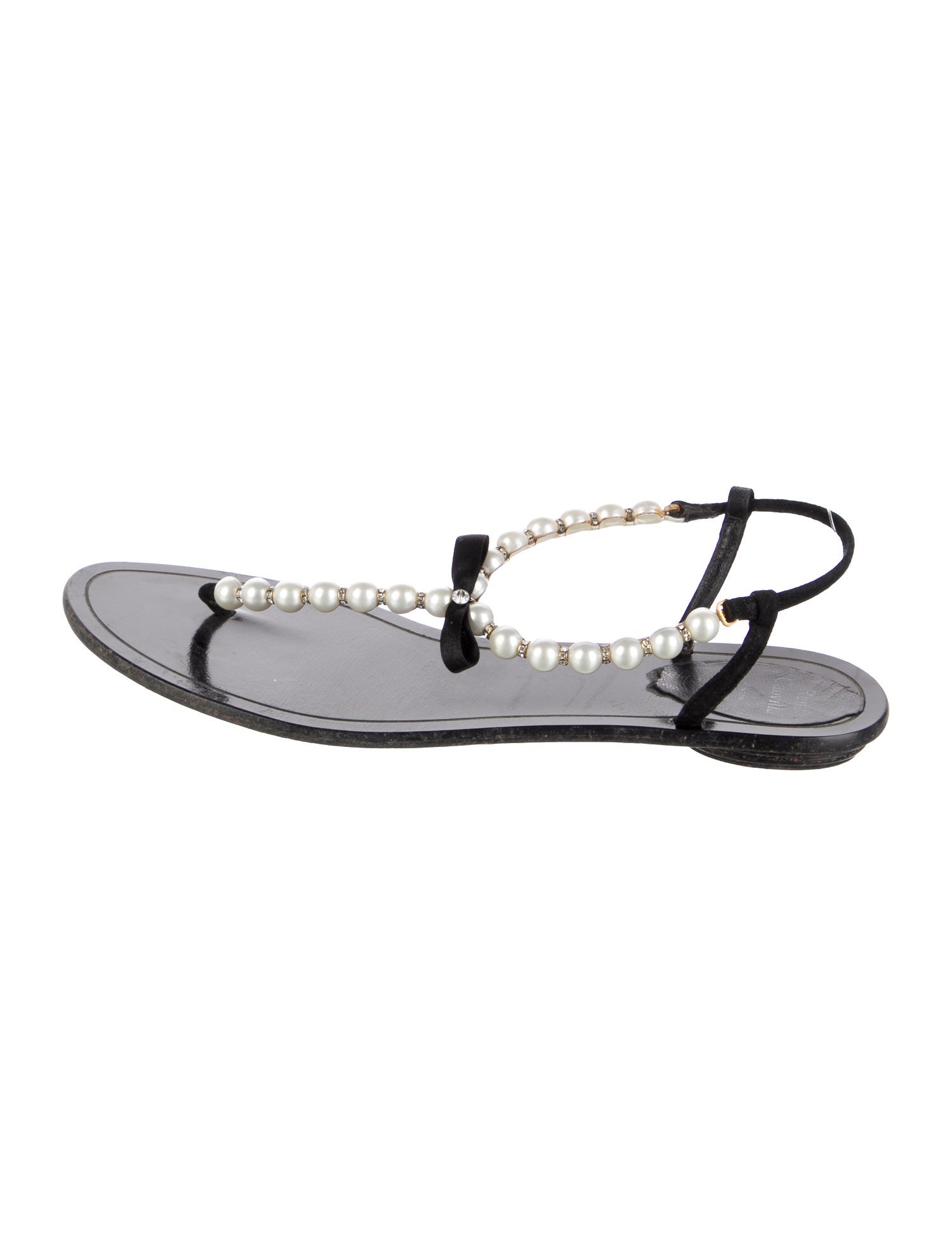 René Caovilla Faux Pearl Accents Leather Slingback Sandals