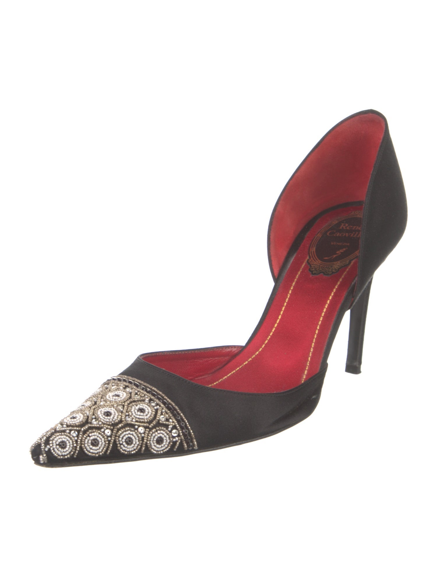 René Caovilla Satin Beaded Accents D'Orsay Pumps