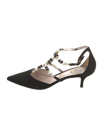 René Caovilla Faux Pearl Accents Suede T-Strap Pumps