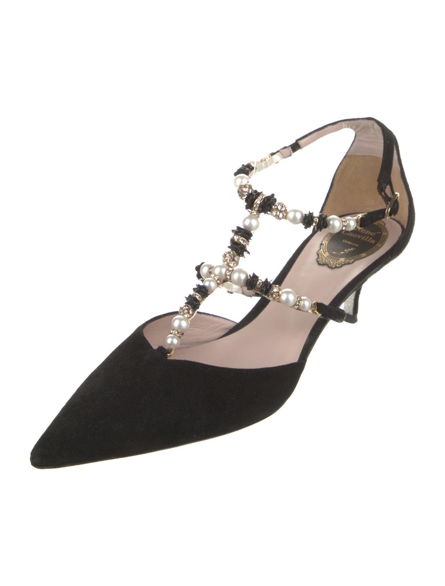 René Caovilla Faux Pearl Accents Suede T-Strap Pumps