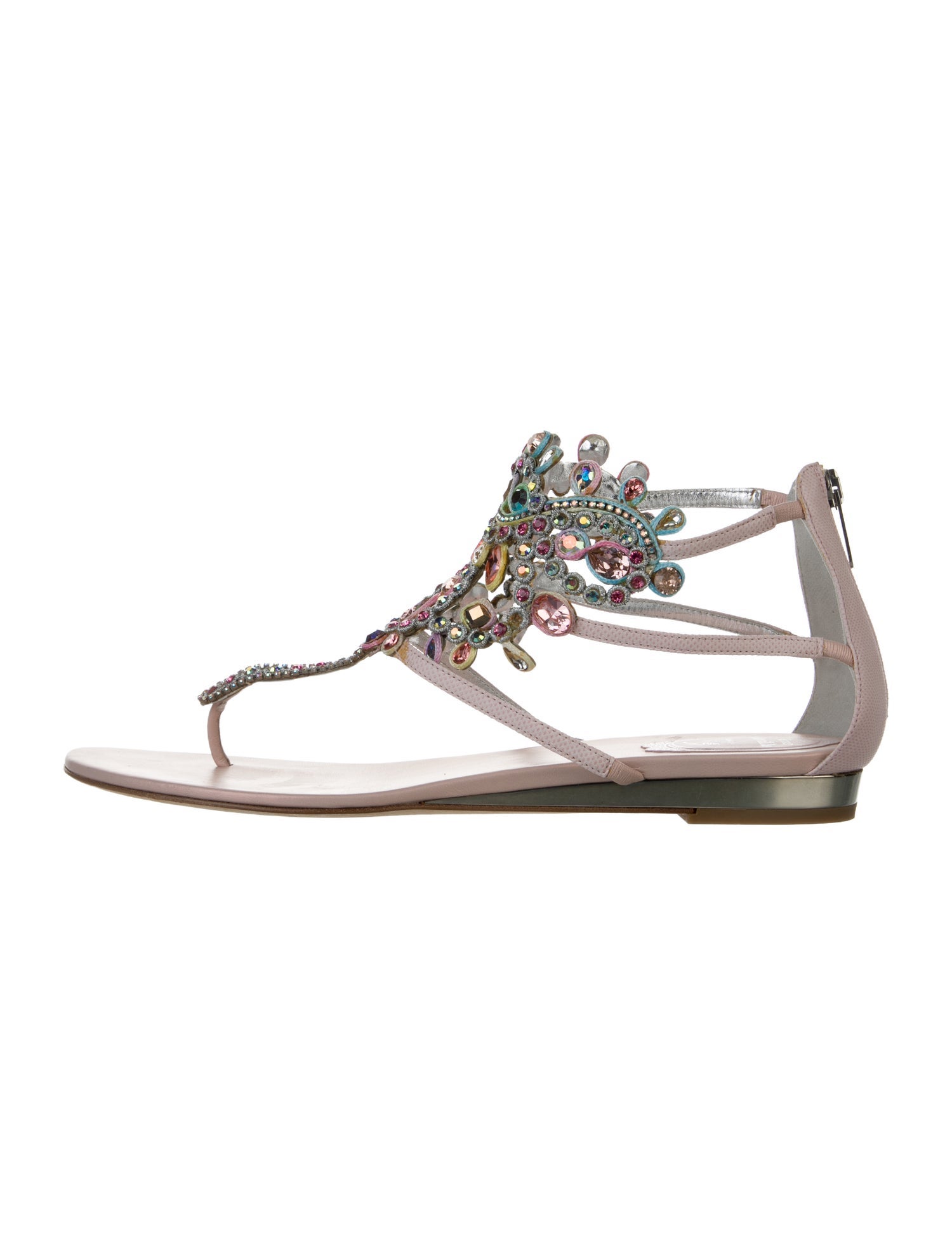 René Caovilla Leather Crystal Embellishments T-Strap Sandals