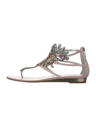 René Caovilla Leather Crystal Embellishments T-Strap Sandals