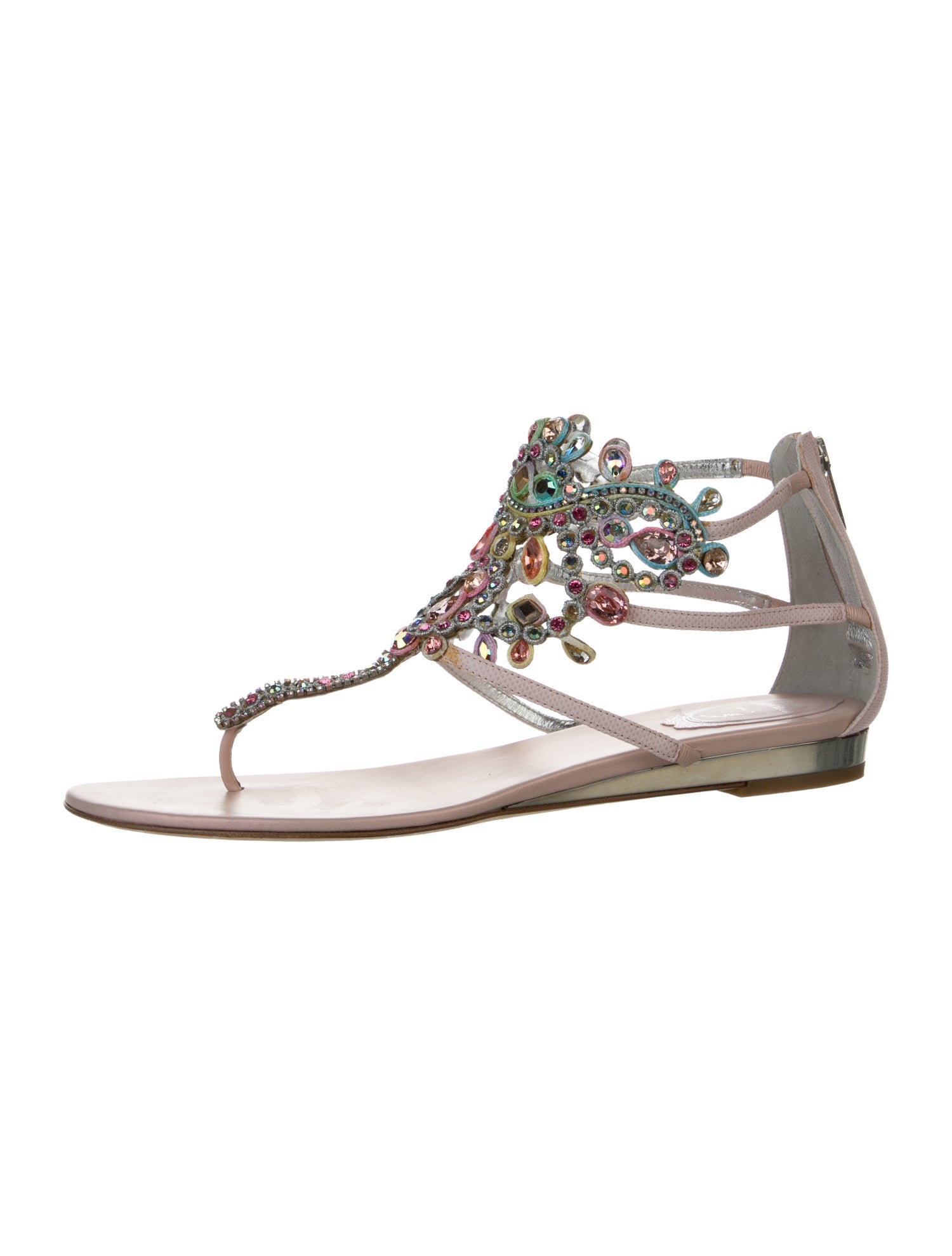 René Caovilla Leather Crystal Embellishments T-Strap Sandals