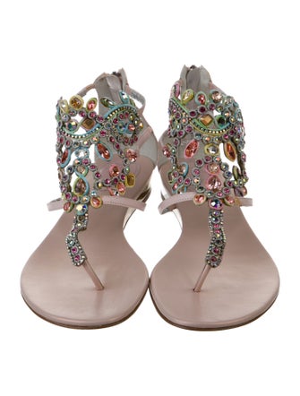 René Caovilla Leather Crystal Embellishments T-Strap Sandals