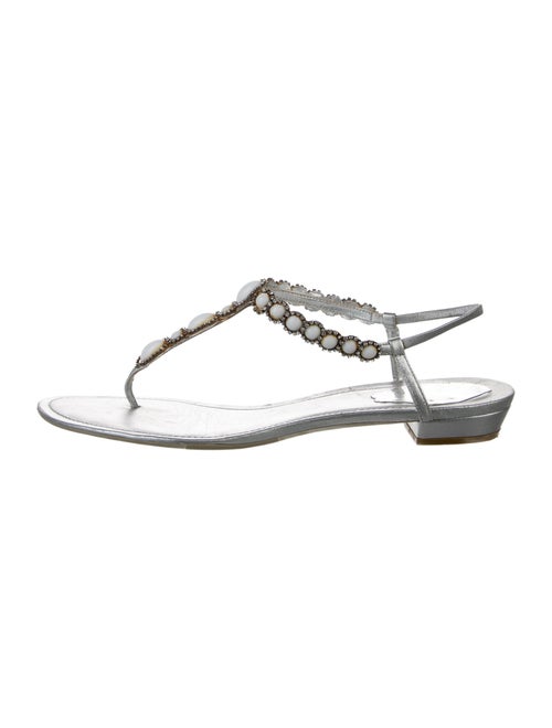 René Caovilla Leather Crystal Embellishments T-Strap Sandals
