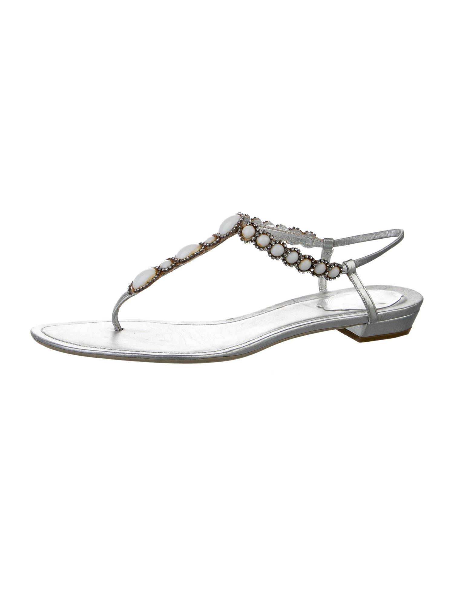 René Caovilla Leather Crystal Embellishments T-Strap Sandals