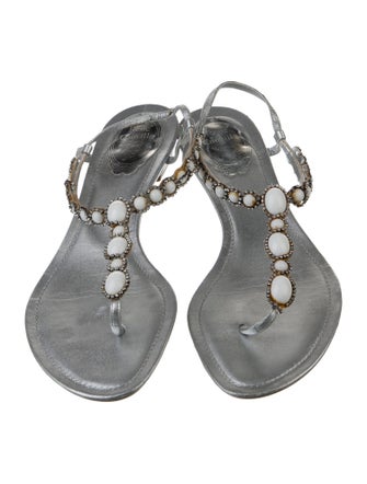 René Caovilla Leather Crystal Embellishments T-Strap Sandals