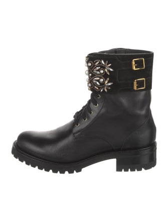 René Caovilla Faux Pearl Accents Leather Combat Boots