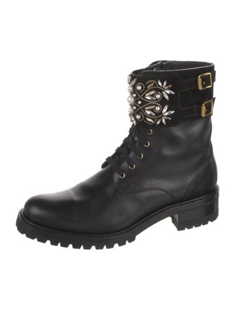 René Caovilla Faux Pearl Accents Leather Combat Boots