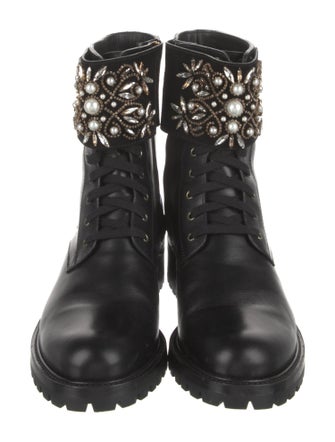 René Caovilla Faux Pearl Accents Leather Combat Boots