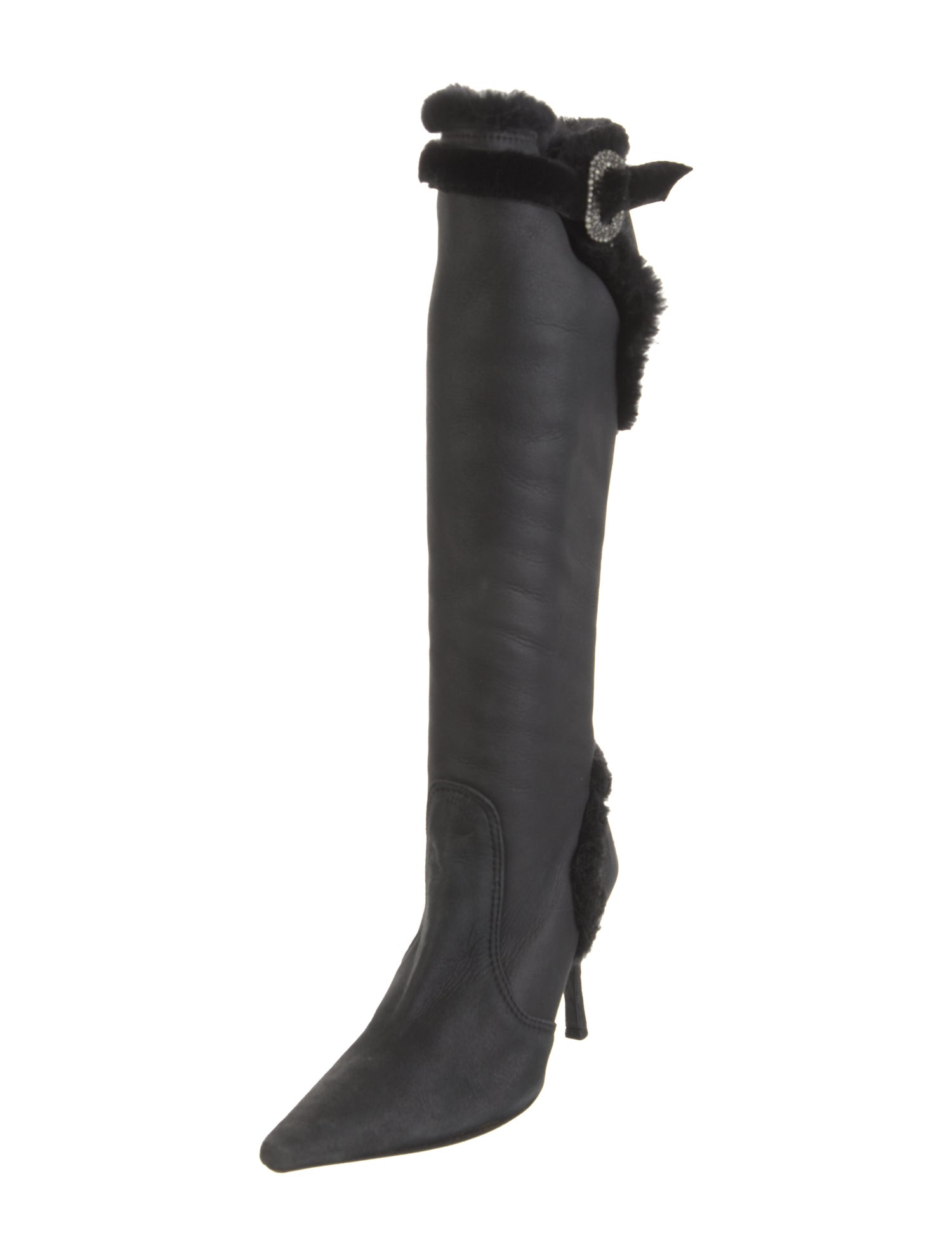 René Caovilla Leather Fur Trim Boots