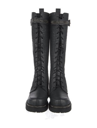 René Caovilla Leather Animal Print Combat Boots