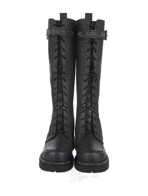 René Caovilla Leather Animal Print Combat Boots