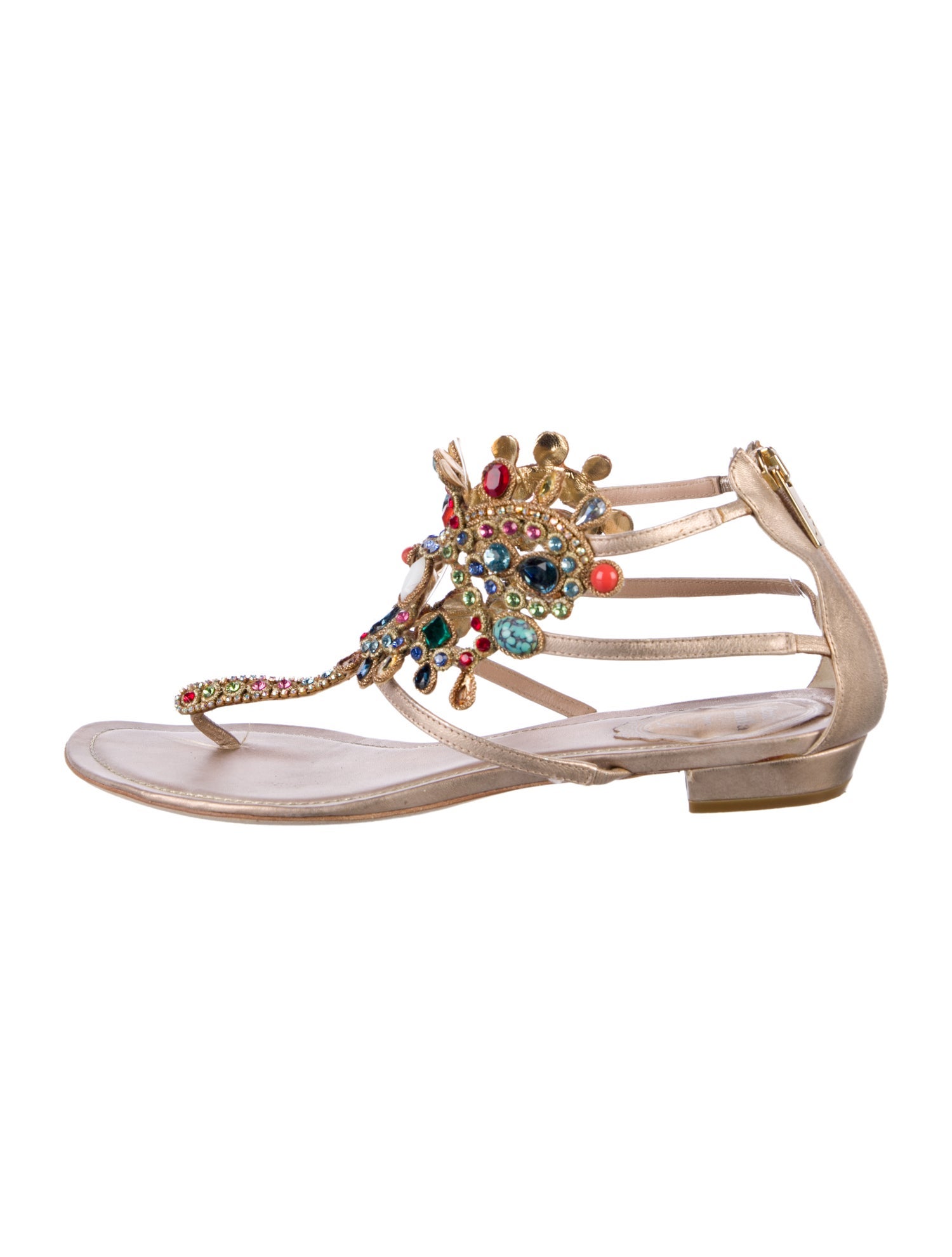 René Caovilla Leather Crystal Embellishments T-Strap Sandals