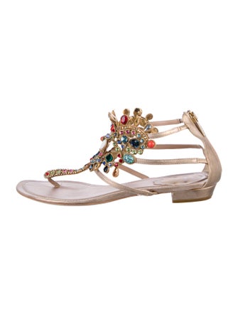 René Caovilla Leather Crystal Embellishments T-Strap Sandals