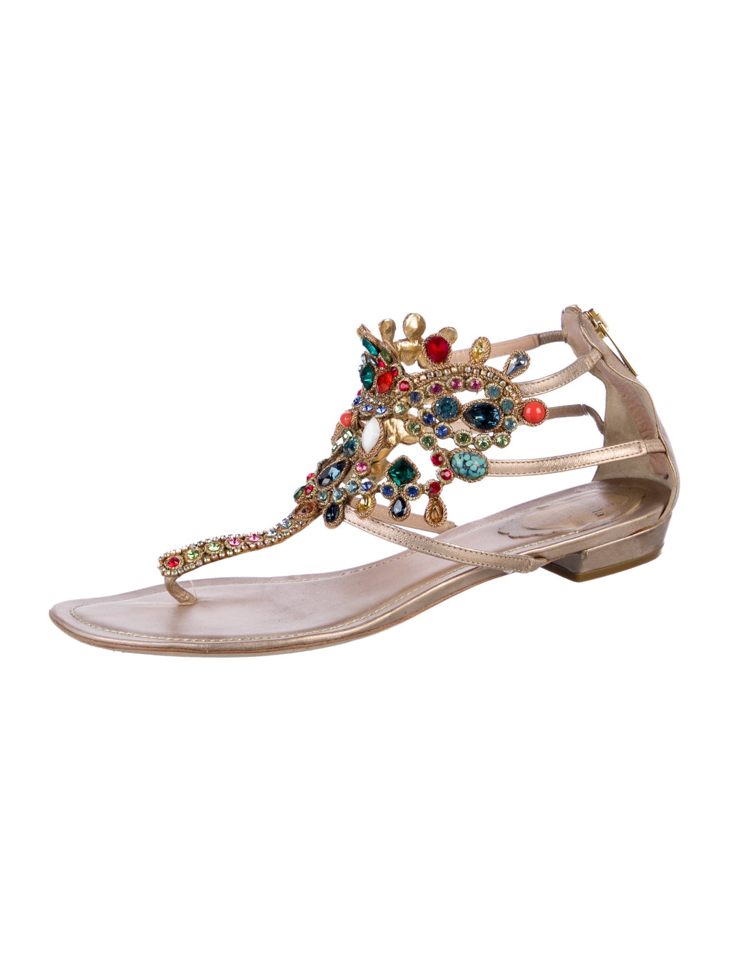 René Caovilla Leather Crystal Embellishments T-Strap Sandals