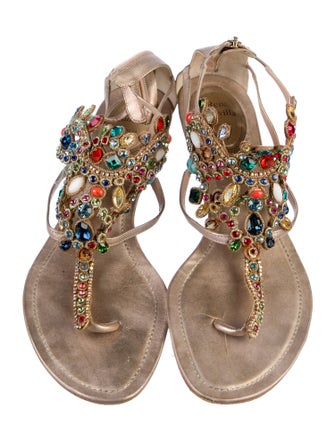 René Caovilla Leather Crystal Embellishments T-Strap Sandals