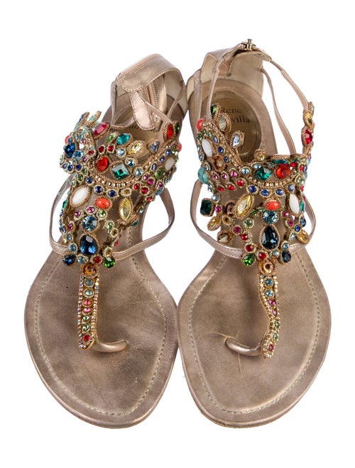 René Caovilla Leather Crystal Embellishments T-Strap Sandals