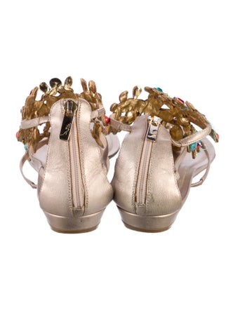 René Caovilla Leather Crystal Embellishments T-Strap Sandals