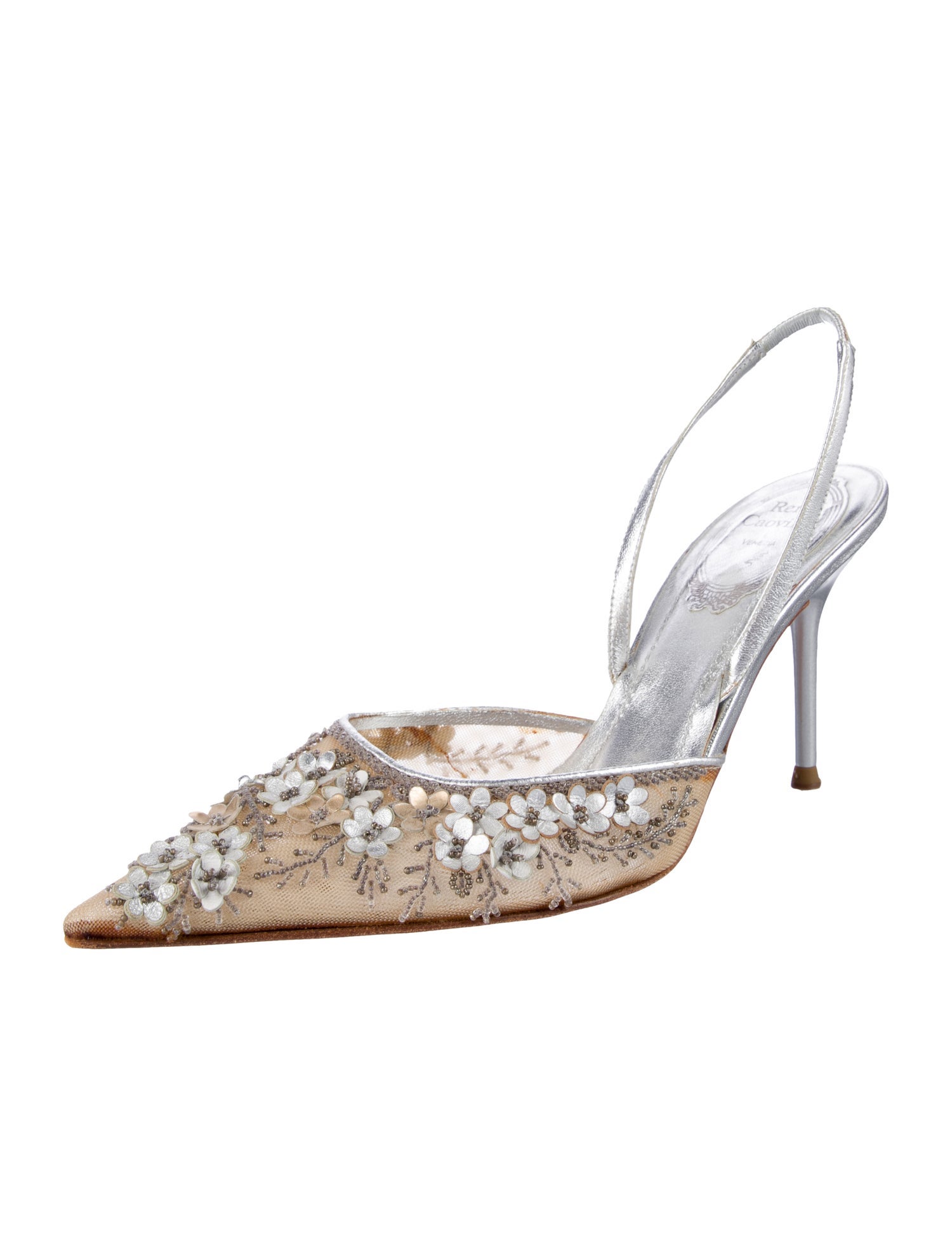 René Caovilla Lace Mesh Accents Slingback Pumps