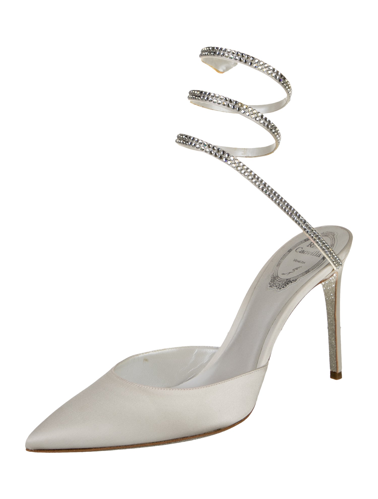 René Caovilla Satin Crystal Embellishments Slingback Pumps